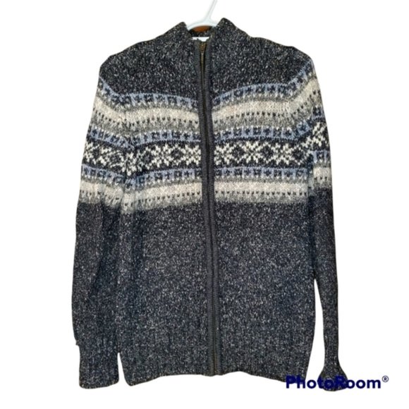 GREY black cream fair isle knit cotton wool blend zip up sweater - Picture 1 of 6